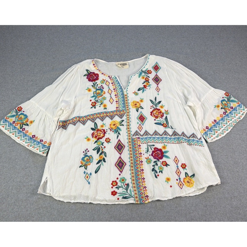 Savanna Jane Floral Embroidered Bell Sleeve Blouse 3X White Fall Boho Festival
